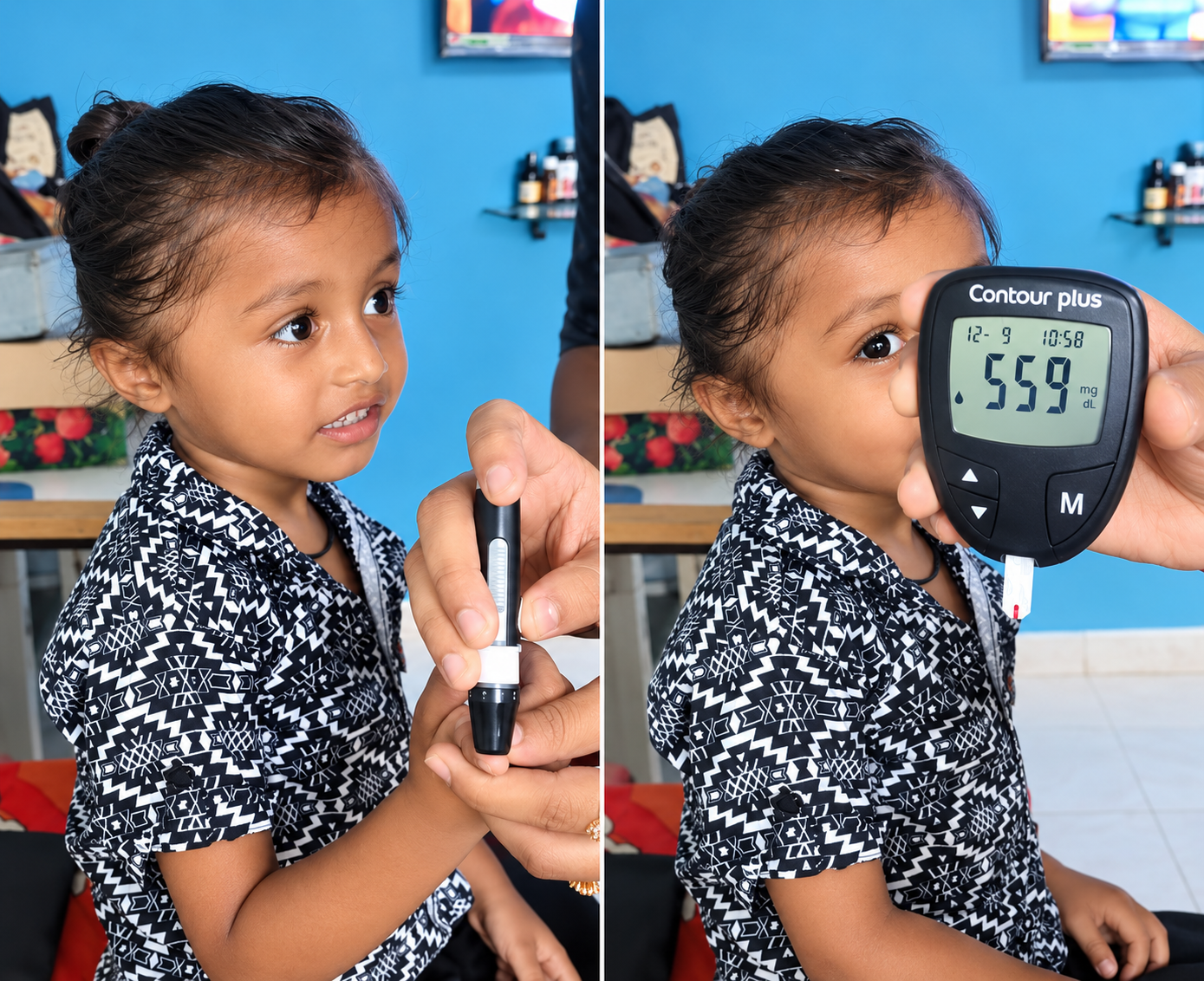 A young child during a Project MadhuKishor blood glucose check