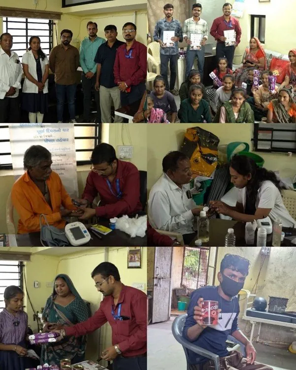 A collage of a Shree Foundation health camp with blood pressure checks, book handovers and hygiene kit distribution